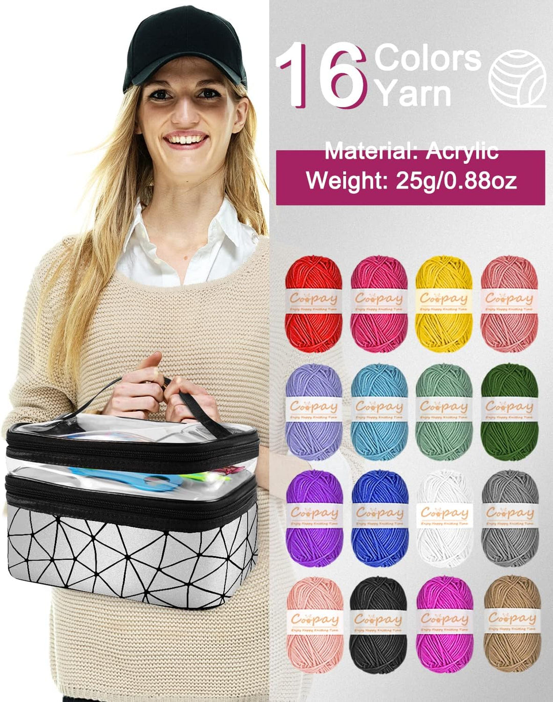 Coopay Häkelset für Anfänger, 71 Stück Häkelnadel Set mit Tasche und Wolle, Prämie Häkel Set mit Str