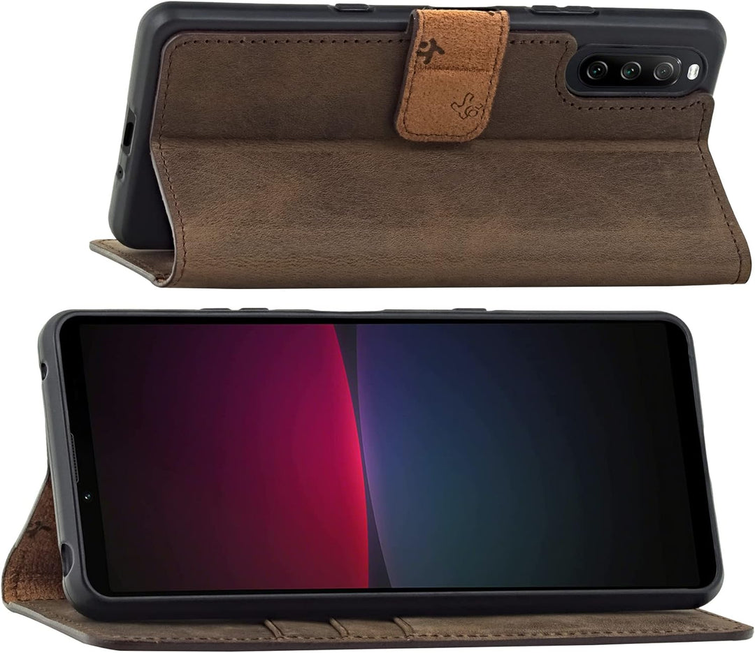 Suncase Book-Style Hülle kompatibel mit Sony Xperia 10 IV (2022) Leder Tasche (Slim-Fit) Lederhülle