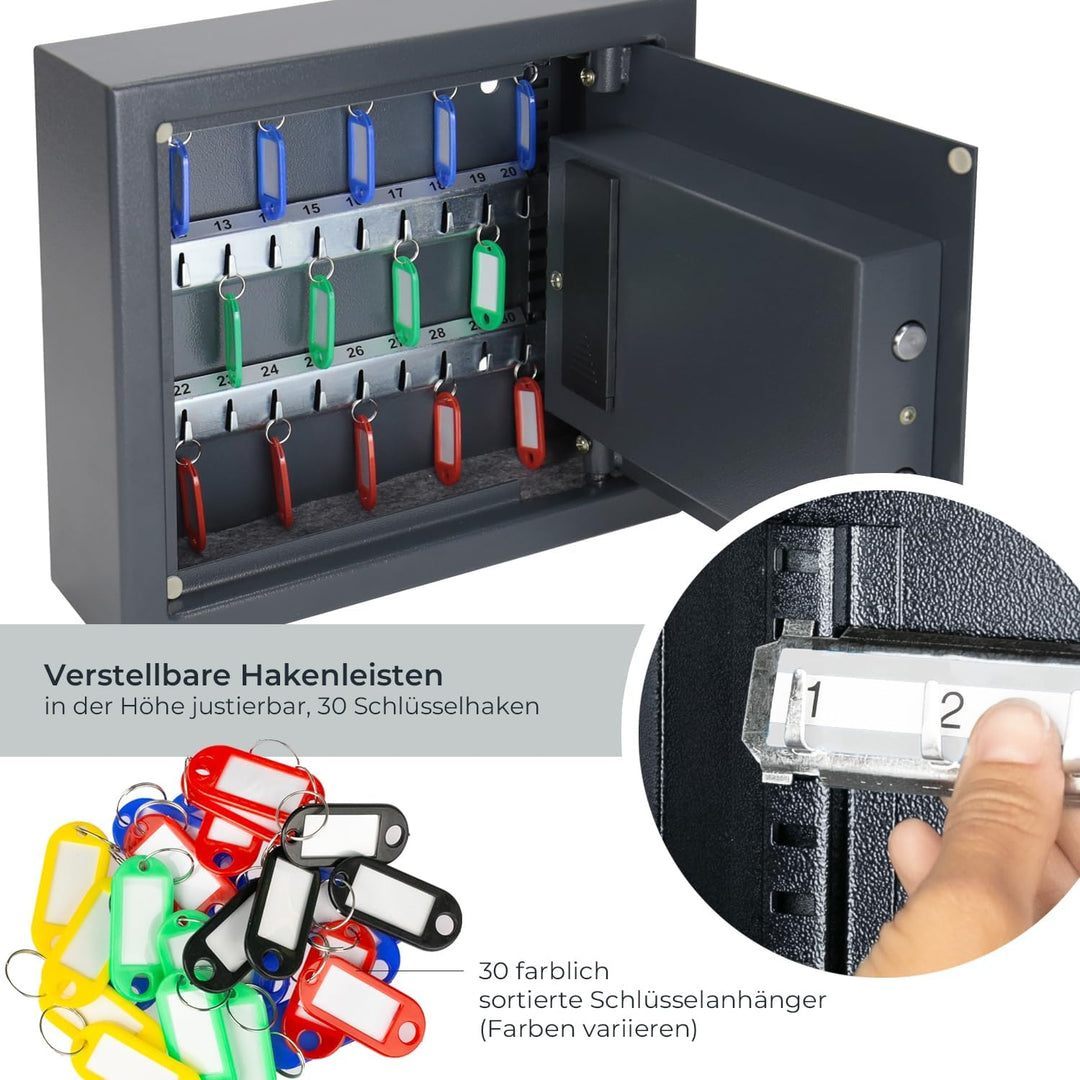 HMF 2030-11 Schlüsseltresor mit Elektronikschloss | 30 Haken | 30 x 28 x 10 cm | Anthrazit, 30 Haken