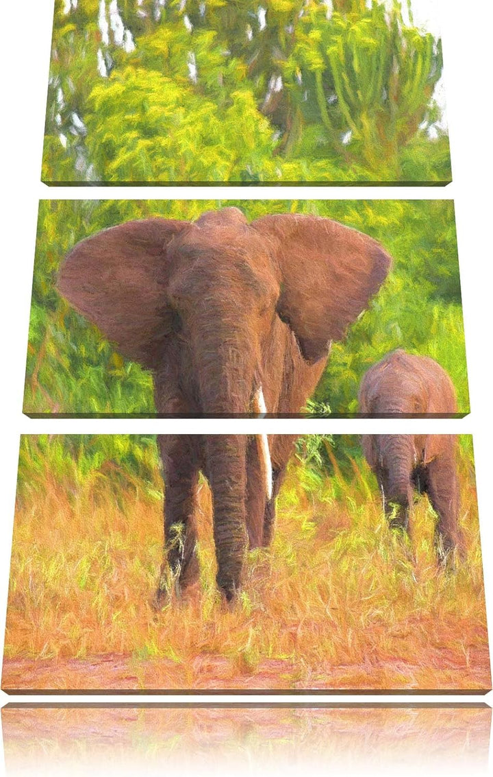 gewaltige Elefantenkuh mit Jungtier NewArt 3-Teiler Leinwandbild 120x80 Bild auf Leinwand, XXL riesi