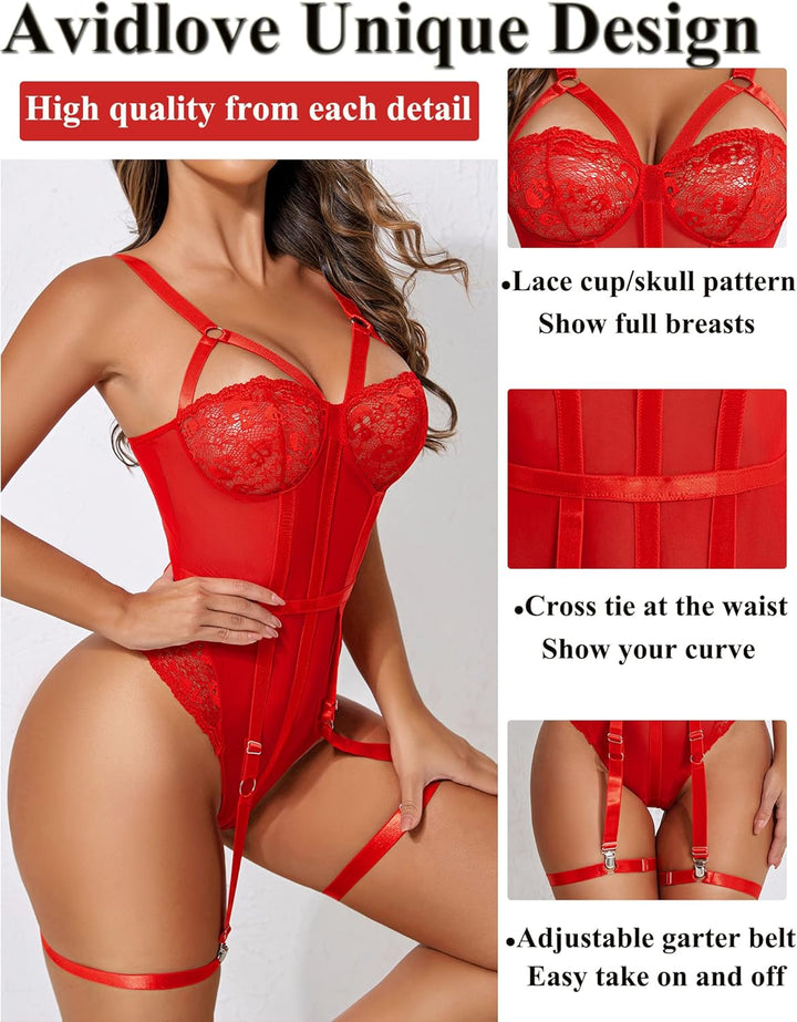Avidlove Damen Bodys Sexy Unterwäsche Set Bodysuit Lingerie Corsage Strapsgürtel Dessous Reizwäsche