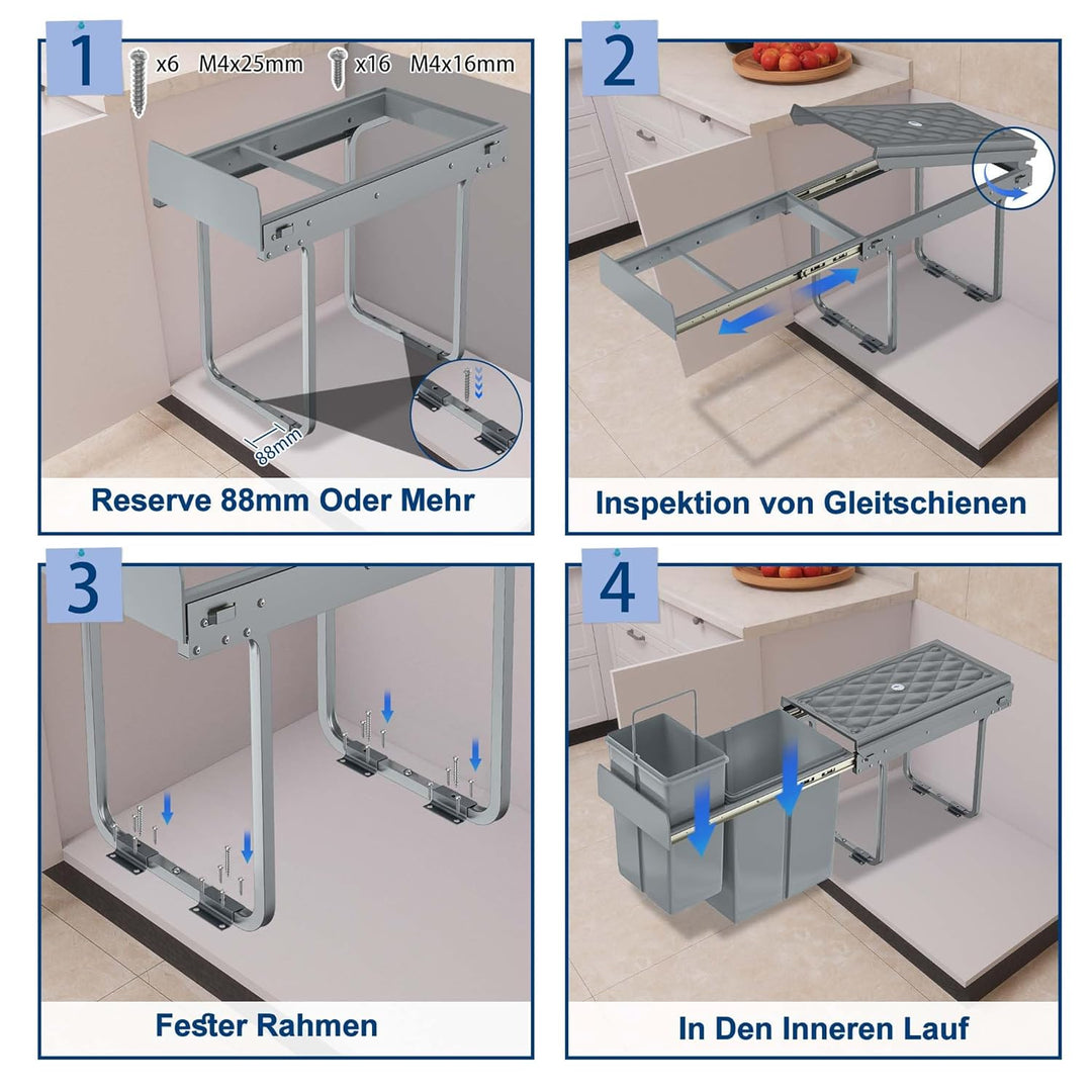 HENGMEI Einbaumülleimer Unterschrank Einbau-Mülleimer Küche Abfalleimer Ausziehbarer Abfallsammler M