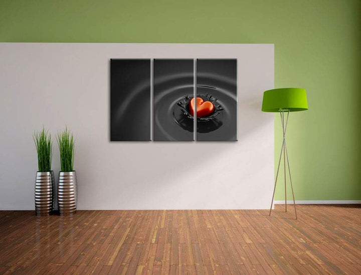 Rotes Herz in Schokolade schwarz/weiss 3-Teiler Leinwandbild 120x80 Bild auf Leinwand, XXL riesige B