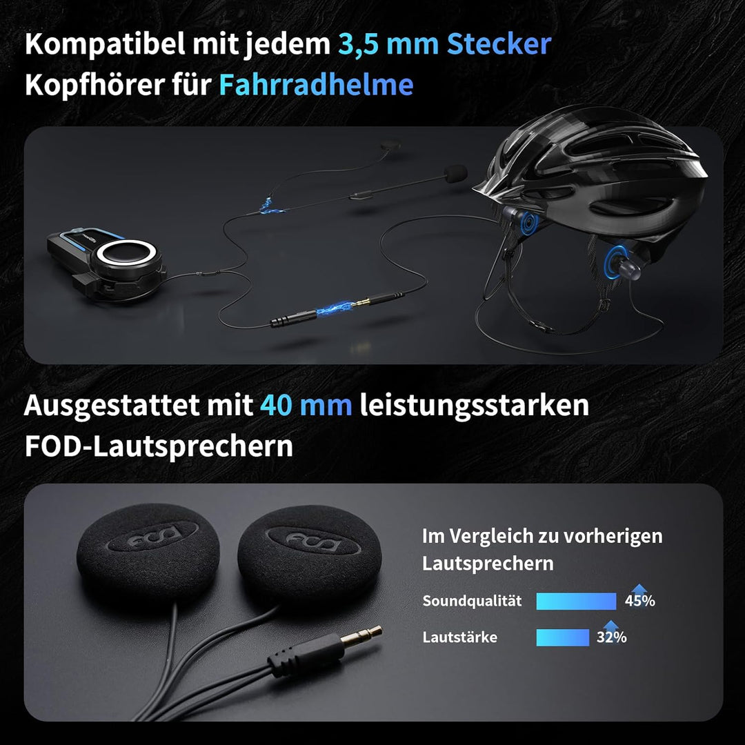 Fodsports FX7 Motorrad Headset V5.4, Bluetooth Mesh Intercom für bis zu 10 Motorräder, Dual-Chip für