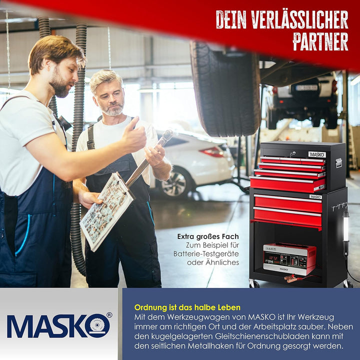 MASKOยฎ Werkstattwagen inkl. Koffer - 9 Fรคcher Abschliessbar | Massives Metall | Mobiler Werkzeug-Wag