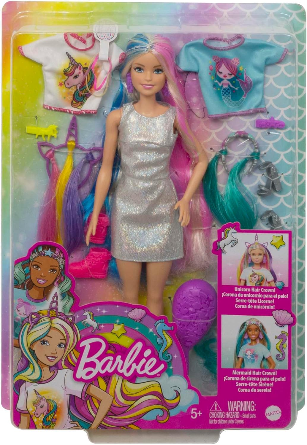 Barbie-Puppe, Einhorn-Barbie-Puppe mit Meerjungfrauenhaar und Einhorn-Haarkrönchen, Barbie-Accessoir