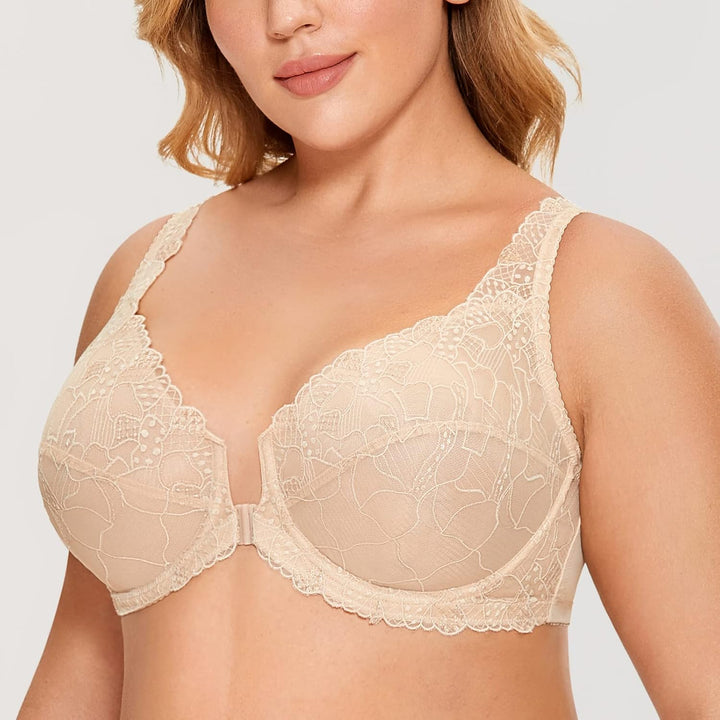 DELIMIRA Damen Vorderverschluss Vollschalen Bügel BH Durchsichtig Ohne Polster, Beige