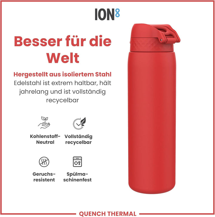 Ion8 Vakuumisolierte Edelstahl-Trinkflasche, 1 Liter, 920 ml, Auslaufsicher, Einhandöffnung, Sichere