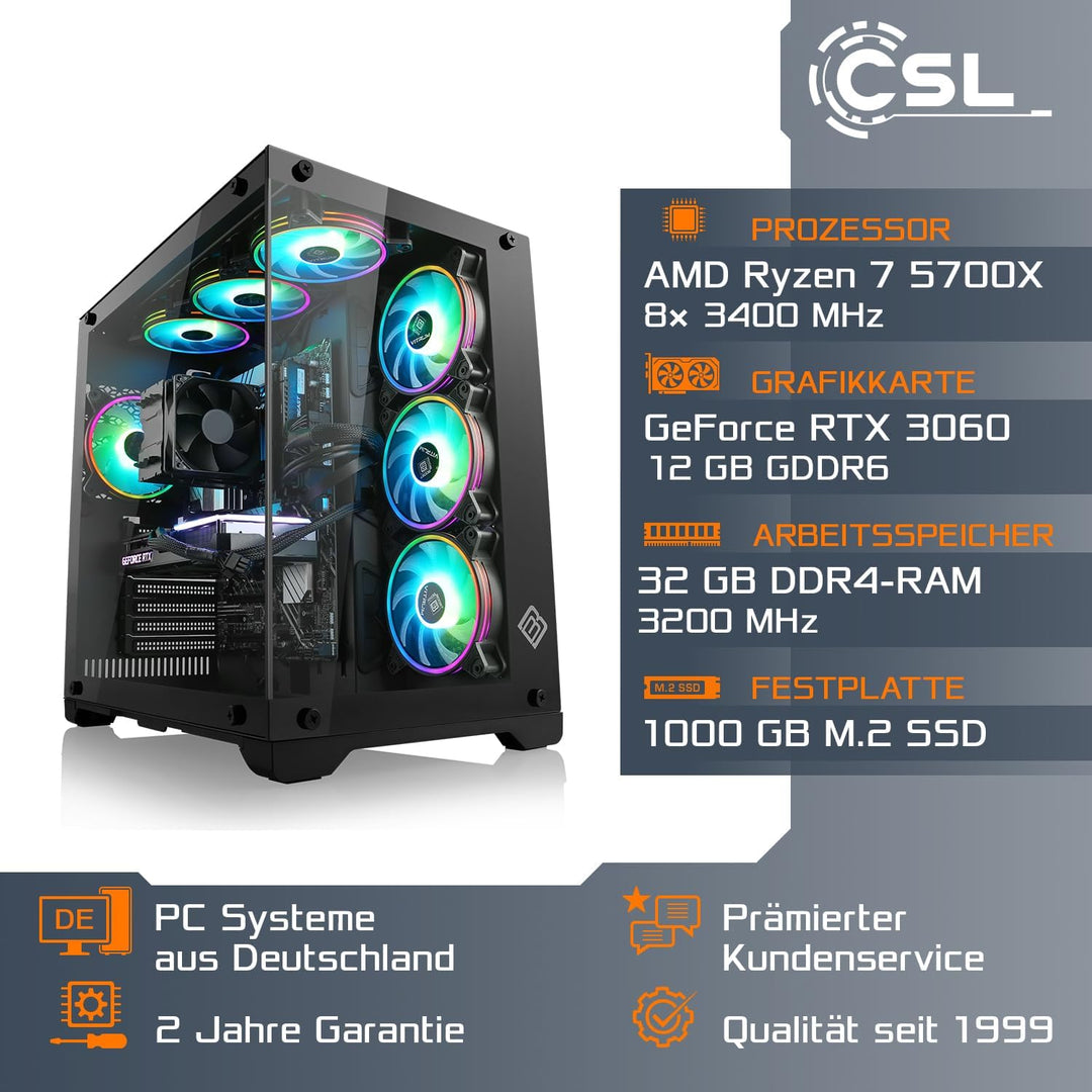 Gaming PC mit Windows 11 Home | AMD Ryzen 7 5700X 8x3.4GHz | GeForce RTX 3060 | 1000GB M.2 NVMe | 32