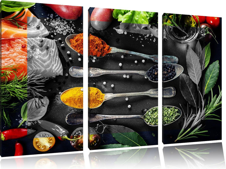 Gewürzmischung auf Löffeln schwarz/weiss 3-Teiler Leinwandbild 120x80 Bild auf Leinwand, XXL riesige