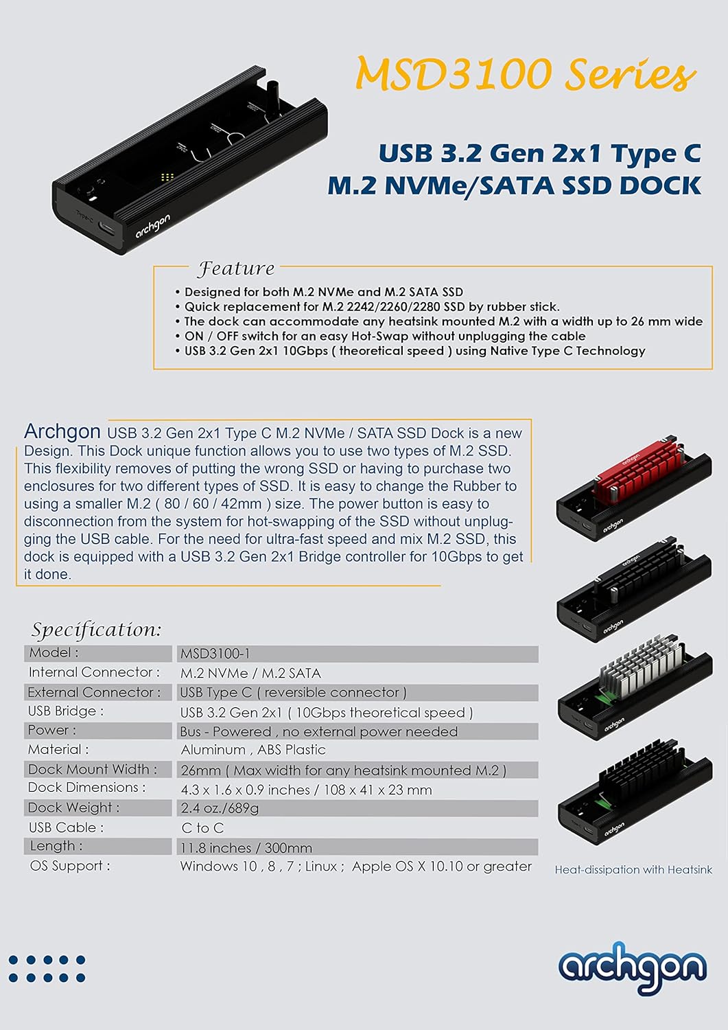 Archgon MSD-3100-1 Externes SSD Dock NVMe(PCIe)/SATA, Kompatibel mit M.2 2242/2260/2280 SSD, USB 3.2
