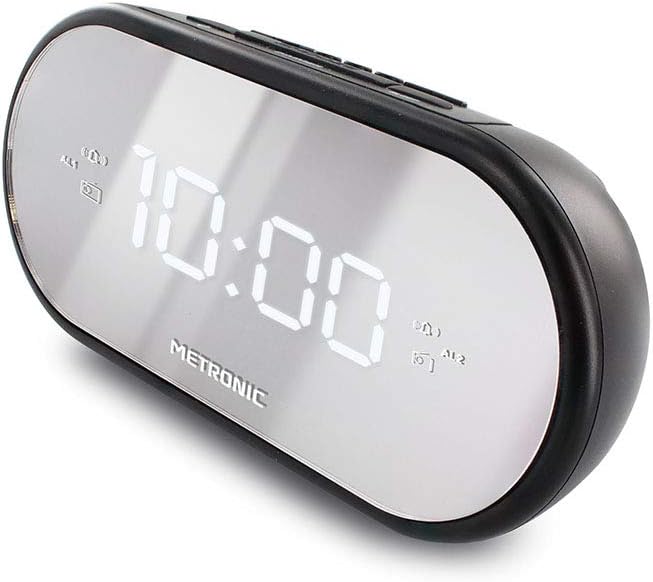 Metronic 477037 FM-Radiowecker, Spiegel, Doppelalarm, mit Sleep/Snooze-Funktion, einstellbare Hellig