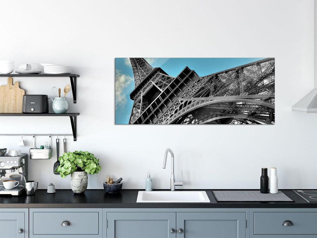 Glasbild Panorama | Wandbild aus Echtglas | schöner Eifelturm in Paris | 100x40 cm | inkl. Aufhängun