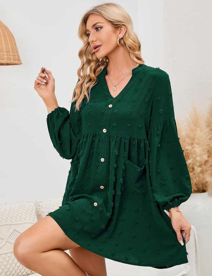 KOJOOIN Damen Tunika Kleid Langarm Swing Kleid kurz V-Ausschnitt Knopfleiste Blusenkleid Swiss Dot C