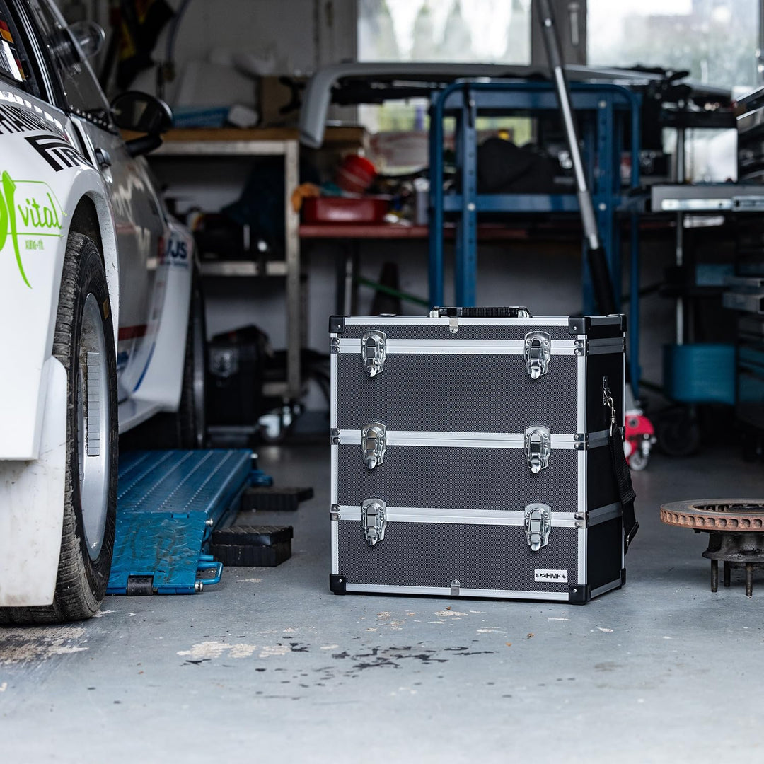 HMF 14661-02 Alu Werkzeugkoffer leer, 3 Etagen, 44 x 45 x 24 cm, schwarz, 3 Etagen