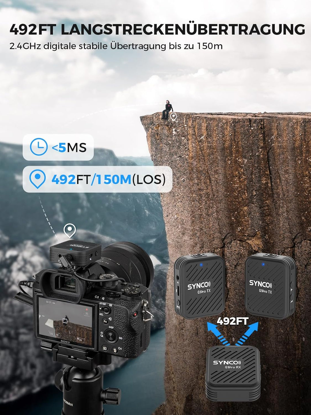 SYNCO Lavalier Mikrofon Wireless G1(A2) Pro, Ansteckmikrofon Dual Pack mit Ladegehäuse Rauschunterdr