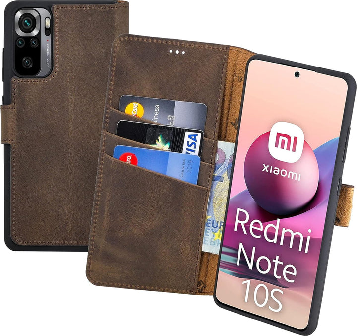 Suncase Book-Style Hülle kompatibel mit Xiaomi Redmi Note 10S Leder Tasche (Slim-Fit) Lederhülle Han