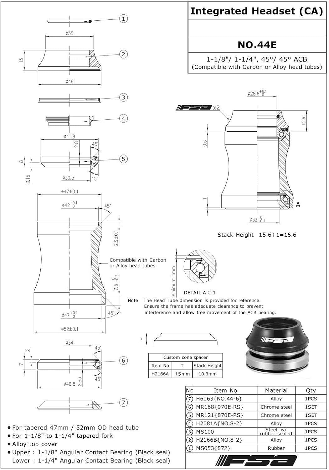 FSA Orbit C-33 integriertes Headset, passend für 3,8 cm bis 3,8 cm, Höhe 15,8 mm, konisch, Nr. 44E,