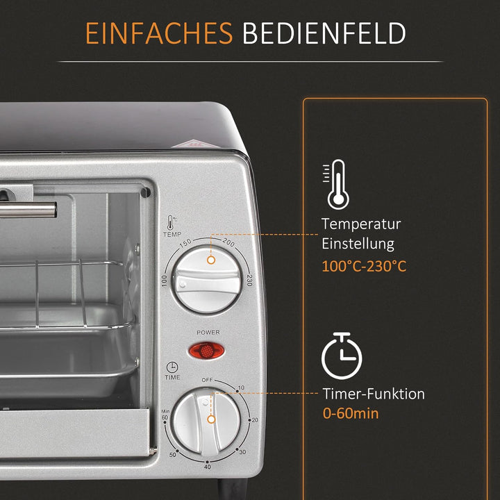 HOMCOM Mini Backofen 10 Liter 750W Kleiner Elektrobackofen mit Temperatur bis zu 230 ℃ Timer 60 Minu