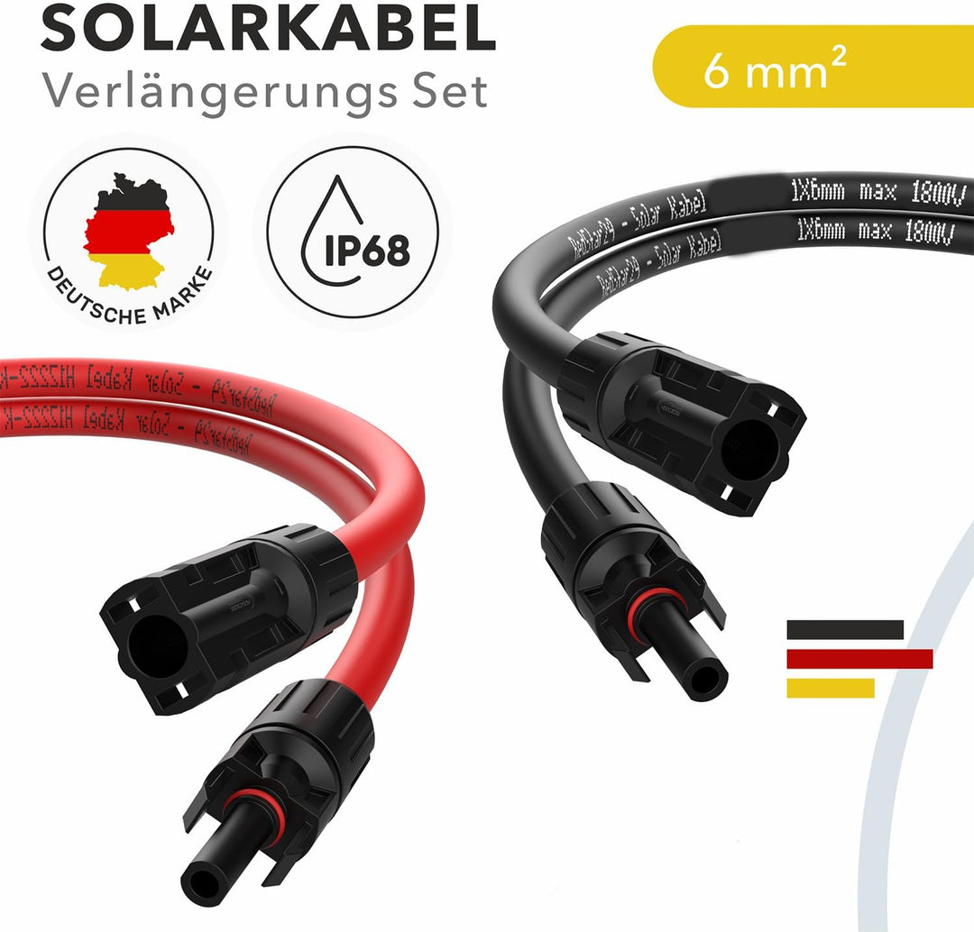 RedStar24 Solarkabel Verlängerung 6mm² - 3m - TÜV-zertifiziert - UV-beständig, Photovoltaik Kabel, P