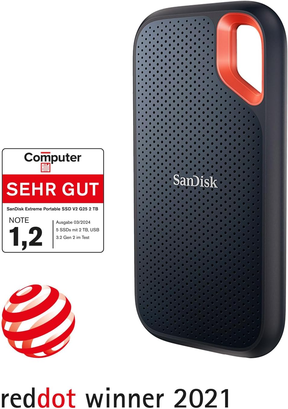 SanDisk Extreme Portable SSD 2 TB (tragbare NVMe SSD, USB-C, bis zu 1.050 MB/s Lesegeschwindigkeit u