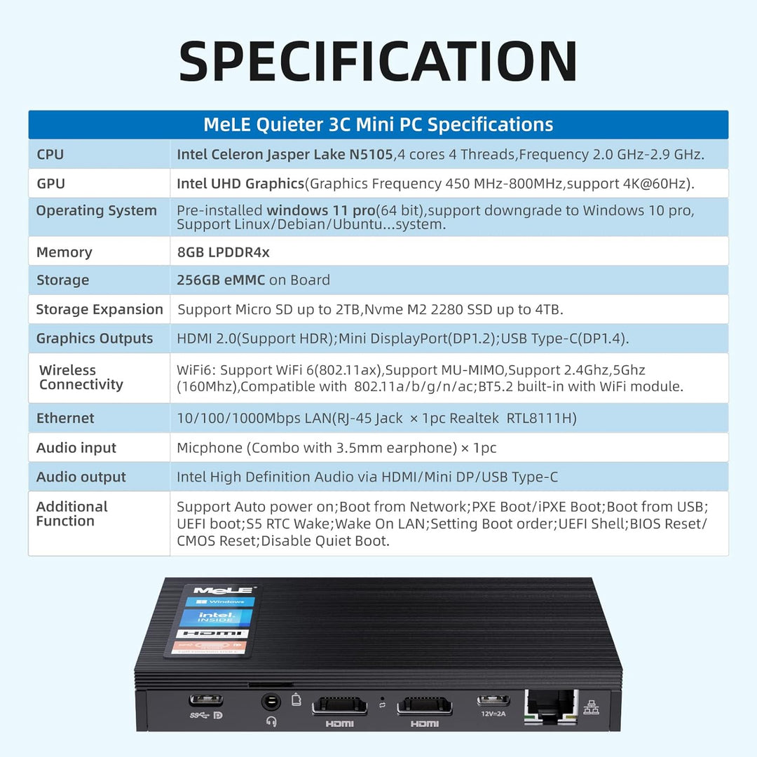 Mele Quieter 3C Lüfterloser Mini-PC N5105, Kleiner Computer, LPDDR4, Win11, HDMI 4K, Wi-Fi 6, Gigabi