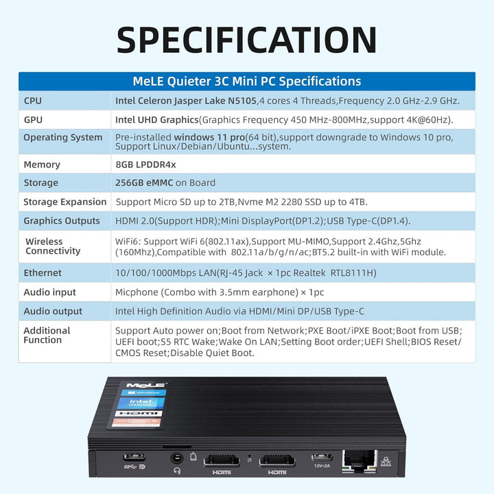Mele Quieter 3C Lüfterloser Mini-PC N5105, Kleiner Computer, LPDDR4, Win11, HDMI 4K, Wi-Fi 6, Gigabi