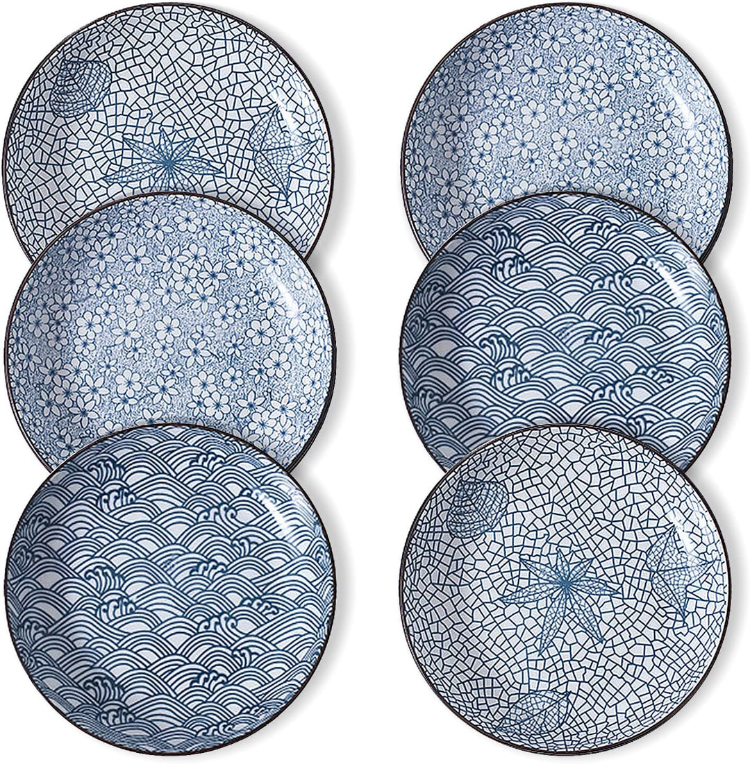 fanquare Pastateller 6er Set aus Keramik, Blau und Weiss Porzellan 20,5cm Speiseteller, Japanisches