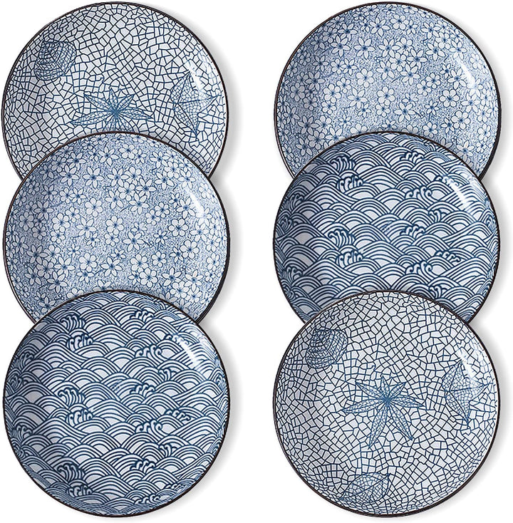fanquare Pastateller 6er Set aus Keramik, Blau und Weiss Porzellan 20,5cm Speiseteller, Japanisches