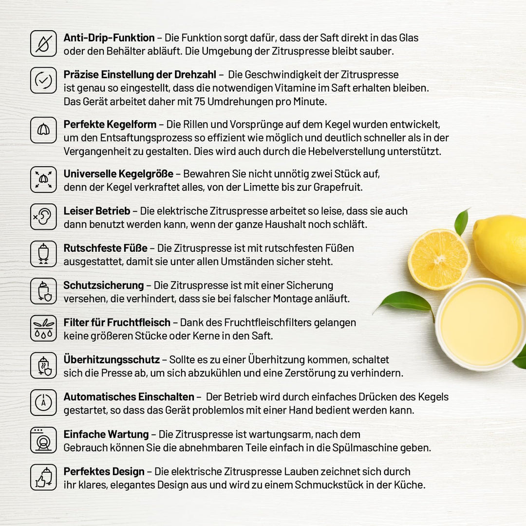 Lauben Electric Citrus Juicer 110WT Elektrische Zitruspresse mit Präzise Anti-Drip-Funktion, Univers