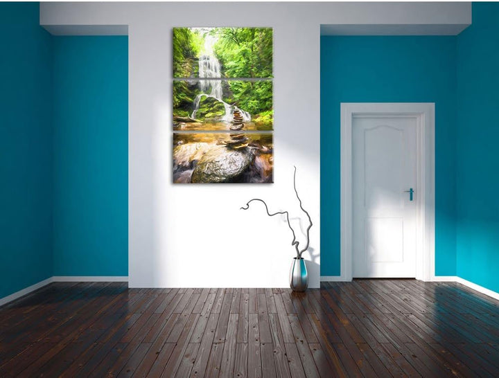 Pixxprint Zen Steine vor Wasserfall Kunst als Leinwandbild/Grösse: 3 Teilig (120x80 cm) cm/Wandbild/