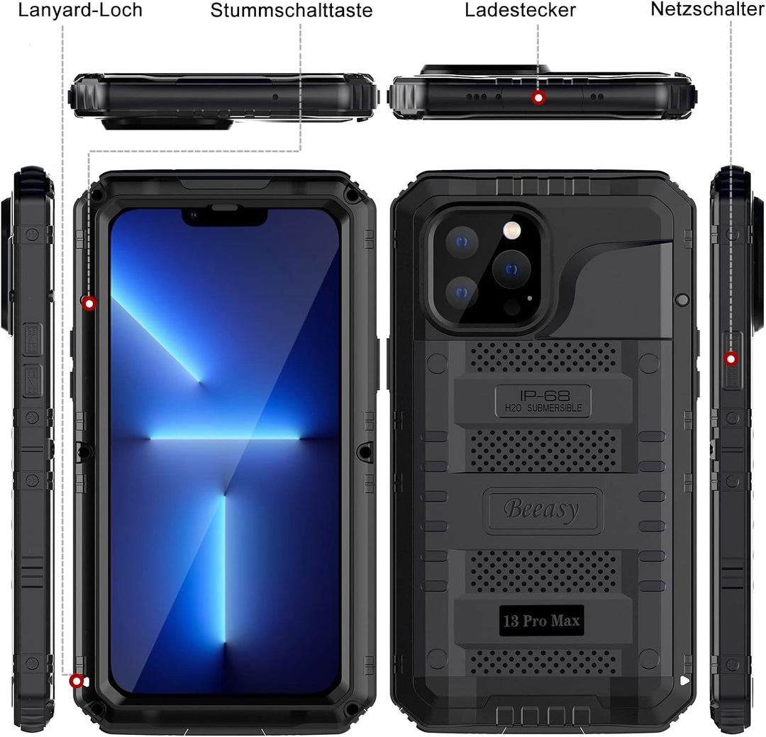 Beeasy für iPhone 13 Pro Max Wasserdicht Outdoor Hülle (6,7"), Stossfest Panzerhülle Militär 360 Gra