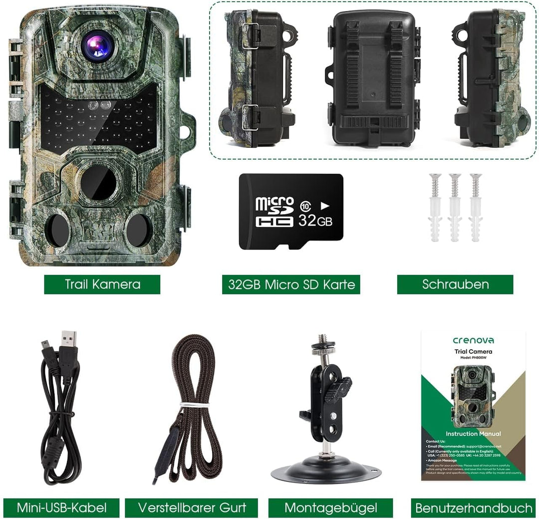 Crenova Wildkamera 4K 32MP mit 32GB microSD 940nm IR LEDs Bluetooth Bewegungsmelder Nachtsicht Spiel