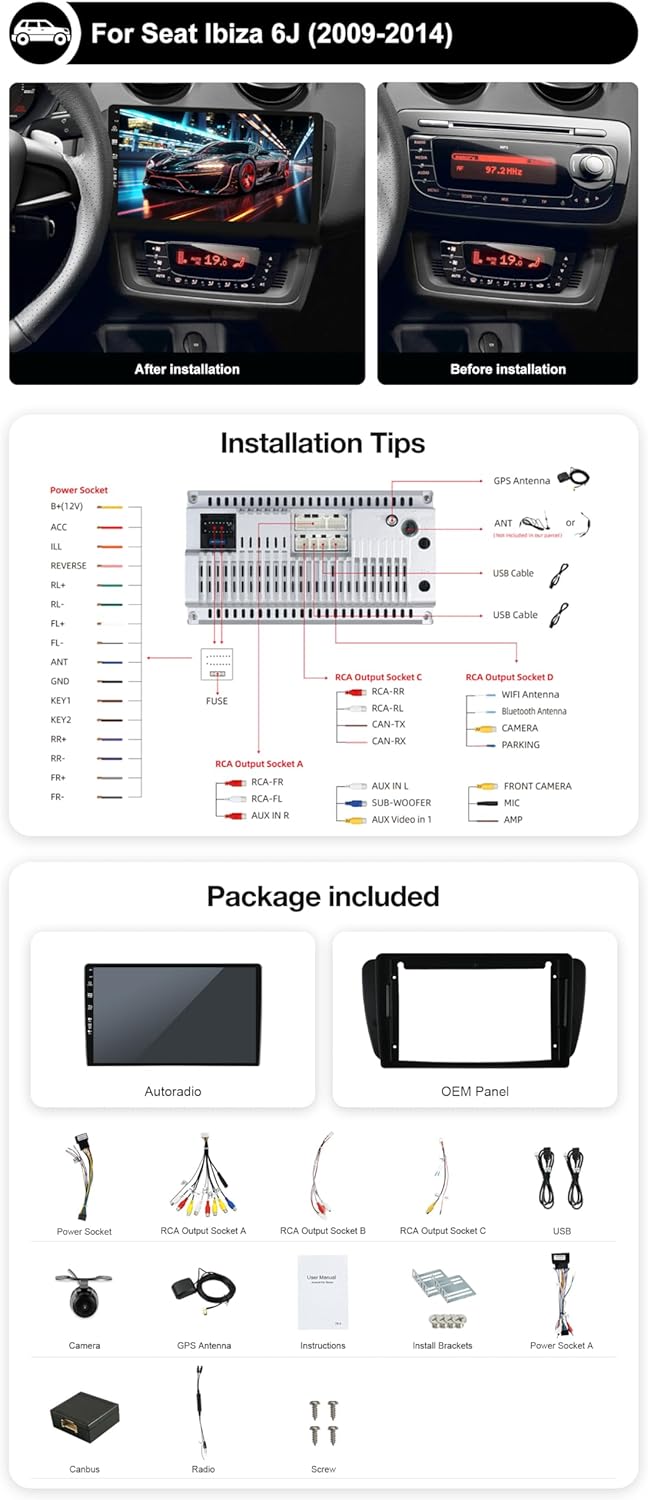 JOYX Android 12 Autoradio Passt für SEAT Ibiza (2009-2013) - GPS 2 Din - Rückfahrkamera MIC Canbus K