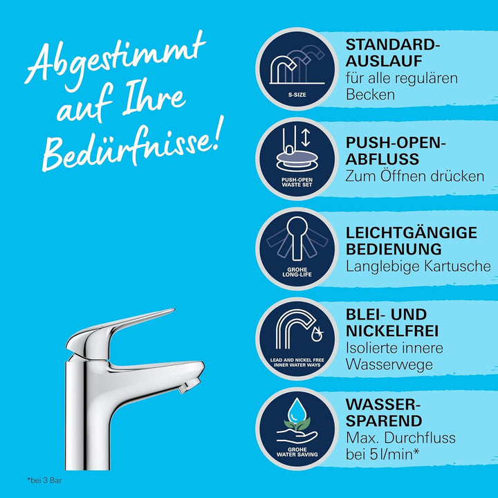 GROHE Swift - Waschtischarmatur (wassersparend, ~16cm hoch, inkl. Montagewerkzeug, Push-Open Ablauf)