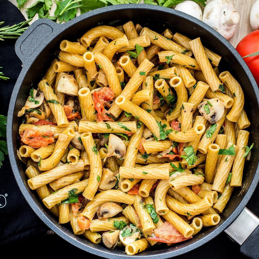 Eurolux Guss-Pfanne Induktion Set & Glas-Deckel Ø 28 cm abnehmbarer Griff - hoher Rand 7 cm - Alugus