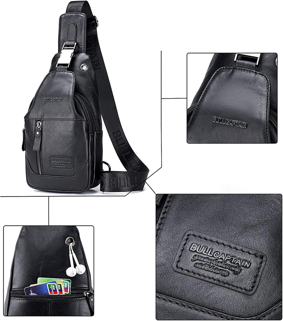 LOONGYOON Herrenbrusttasche aus Leder Umhängetasche mit Kopfhöreröffnung Studie über Sportreisen Mul