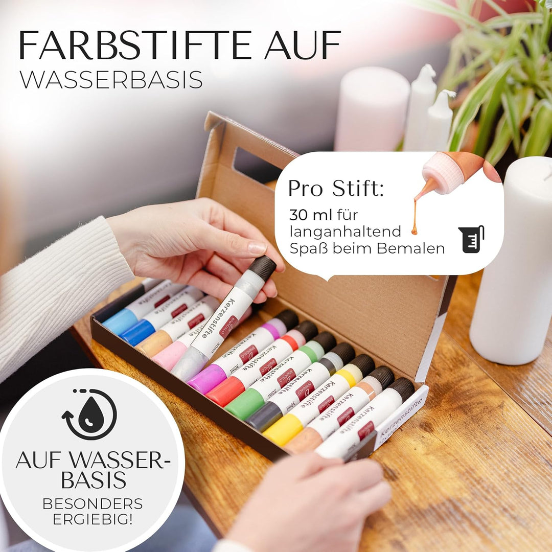 Brandalo® Premium 12er Set Kerzenstifte á 30ml leuchtende Farben – Candle Pen für Kerzen - Taufkerze