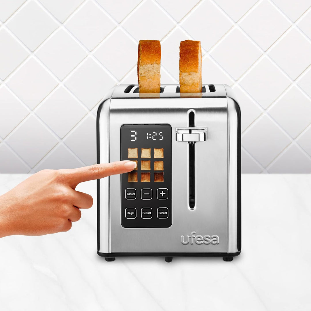 Ufesa Digital Future Toaster Edelstahl mit 2 Scheiben, 950W Leistung, 9 Bräunungsgrad für Brot und B