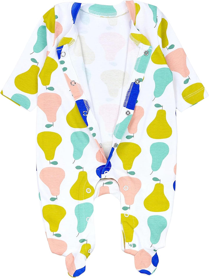 TupTam Baby Mädchen Schlafstrampler mit Fuss 3er Pack 50 Blau Aprikose Streifen Früchte, 50 Blau Apr