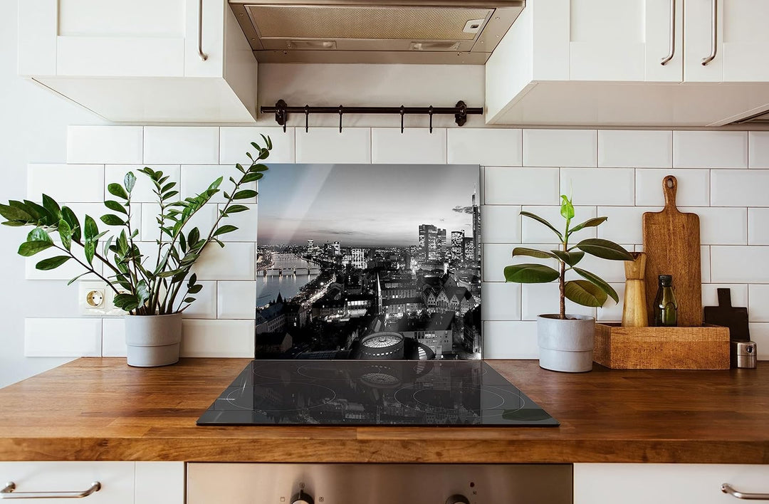 Frankfurter Skyline Herdabdeckplatte & Spritzschutz aus Echtglas | Für Herd-Kochfelder | 60x52 cm