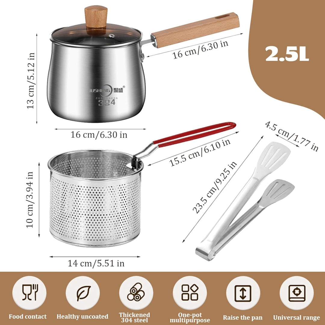 Fritteus-Topf 2.5L Edelstahl Mini Fritteuchsen-Topf mit Korb, Deckel, Zange und Anti-Scenen-Griff ja