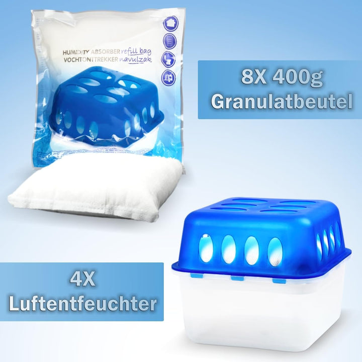 Stimo 4x Luftentfeuchter Box mit 8 Nachfüllpacks Raumentfeuchter Feuchtigkeits-Stopper mit Granulat