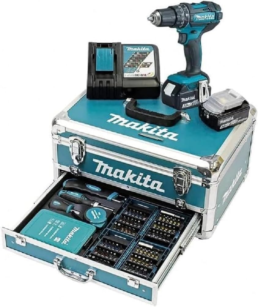 Makita DHP482RFX9 Akku-Schlagbohrschrauber 18V / 3,0 Ah, 2 Akkus + Ladegerät im Alukoffer + 96-tlg.