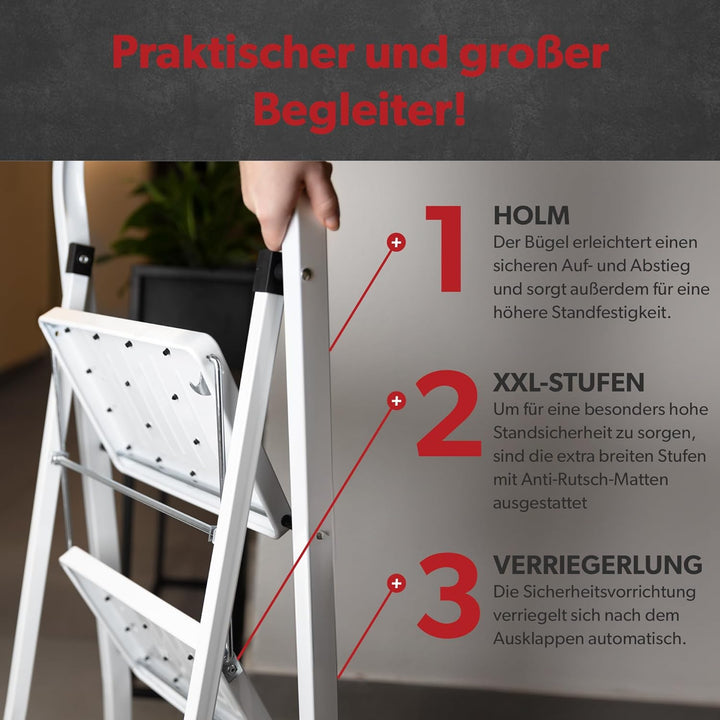 siwitec Klapptritt aus Stahl mit 3 Stufen, Weiss, kleine Leiter mit Anti-Rutschmatten, 150 kg Tragla