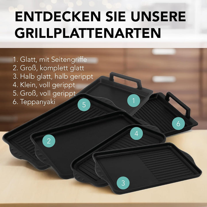 MaxxGoods - Aluminiumguss Grillplatte komplett gerippt - 37,5x22,8x2,5cm - für Induktion & alle gäng