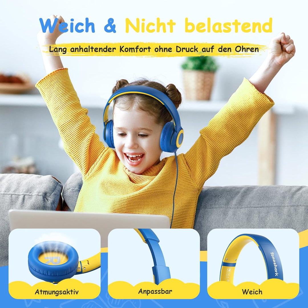 TONOSHARK Kinderkopfhörer mit Kabel Klappbar, mit Mikrofon, Kopfhörer Kinder Gehörschutz auf 85/94 d
