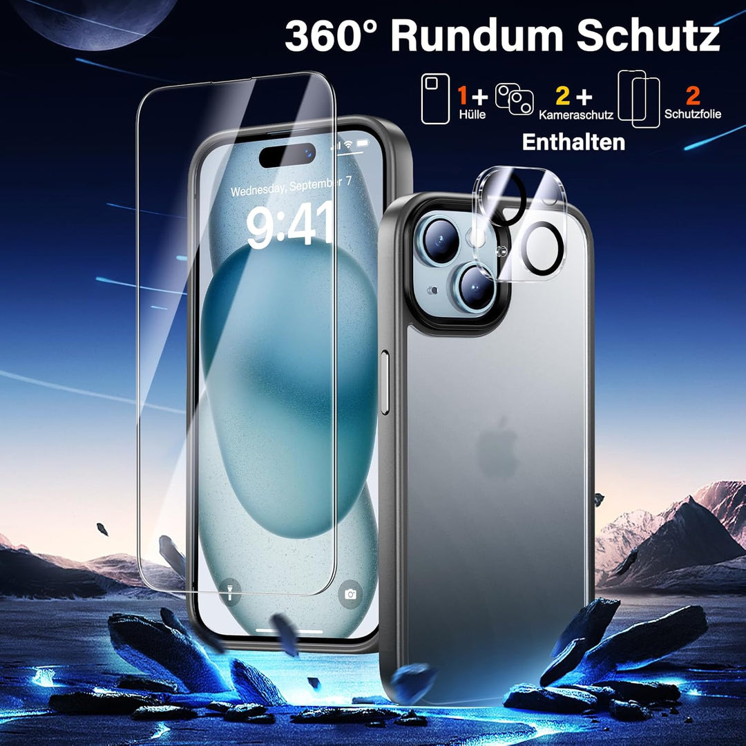 UniqueMe für iPhone 15 Hülle, 5-in-1-Set Handyhülle für iPhone 15 Case Rundumschutz Schutzhülle Cove