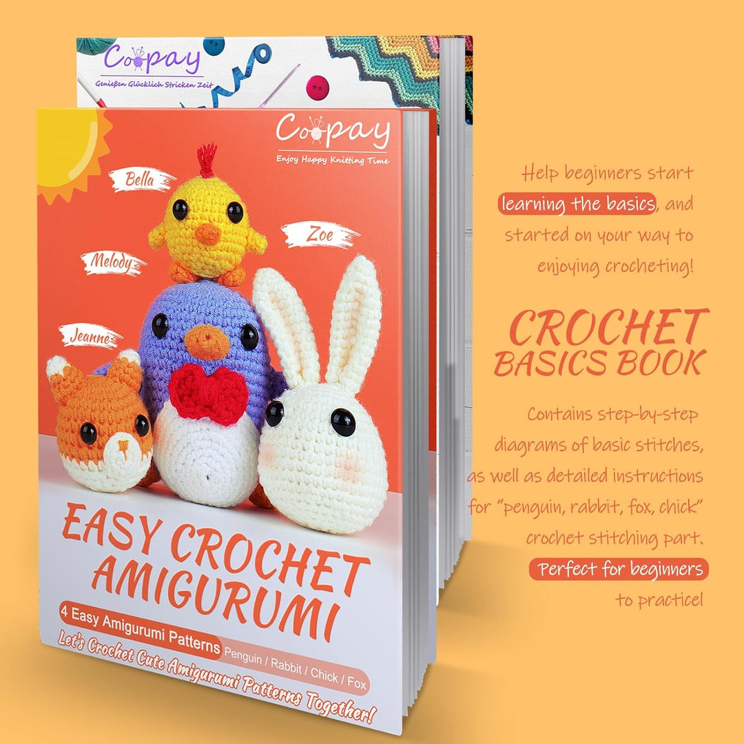 Coopay Häkelset für Anfänger, Komplettes Häkelset mit 4 Verschiedene Tier-Häkelanleitungen (Pinguin/