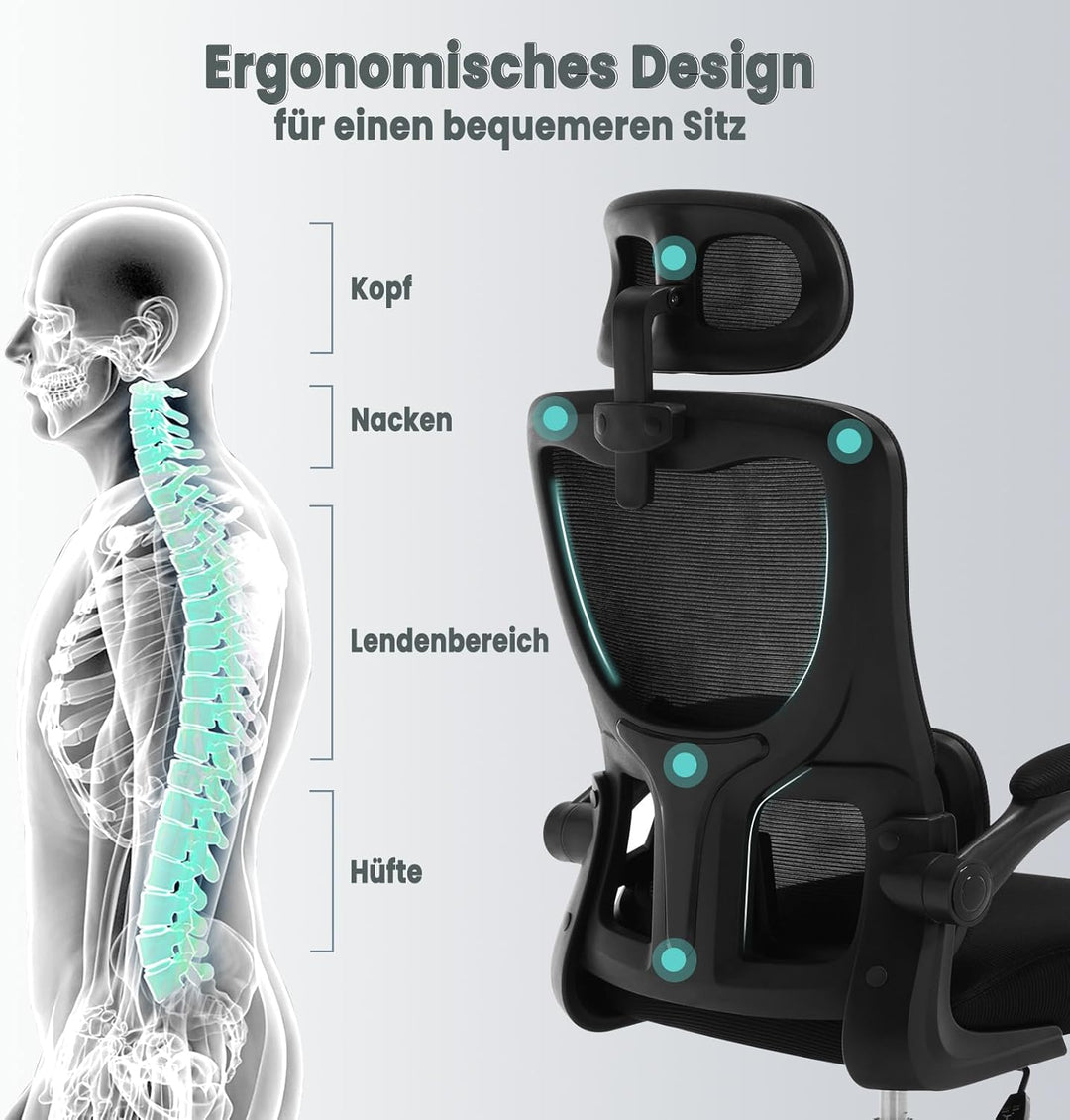 WOLTU Bürostuhl ergonomisch, Schreibtischstuhl Netzstoff, Drehstuhl höhenverstellbar, Schaukelfunkti
